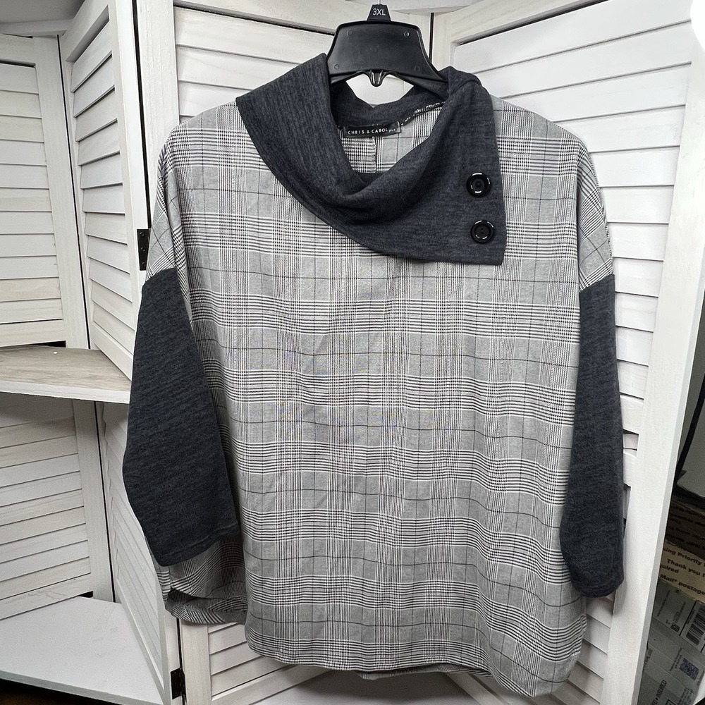 Chris & Carol Plus Women's 1X Gray Blk Cowl Neck Tunic Top Plaid Button Detail